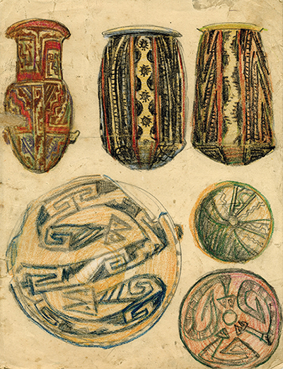 Seis bocetos de urnas y platos de la cultura santamariana