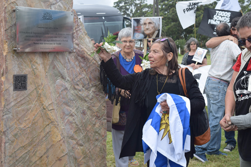 Mujer descubriendo placa