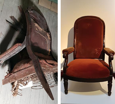 Hermanas Peralta restauradoras del sillón de Figari
