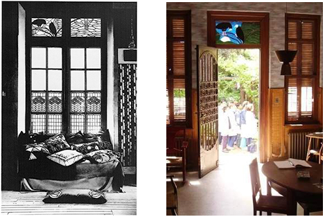 foto del vitraux en la escuela de artes y oficios a la izquierda y a la derecha en la casa Vaz Ferreira