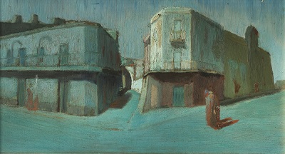 "Ciudad Vieja ' Mercado Nocturno" . Óleo sobre cartón, 24 x 43 cms